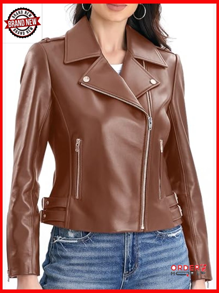 Lambskin Leather Motorcycle Jacket With Quilted Details & Buckle Belts